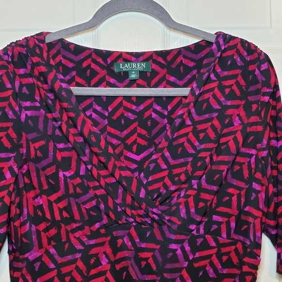 Lauren Ralph Lauren Elbow Sleeve Jersey Ruched Sheath Dress Black/Berry Sz 12 - Picture 2 of 12